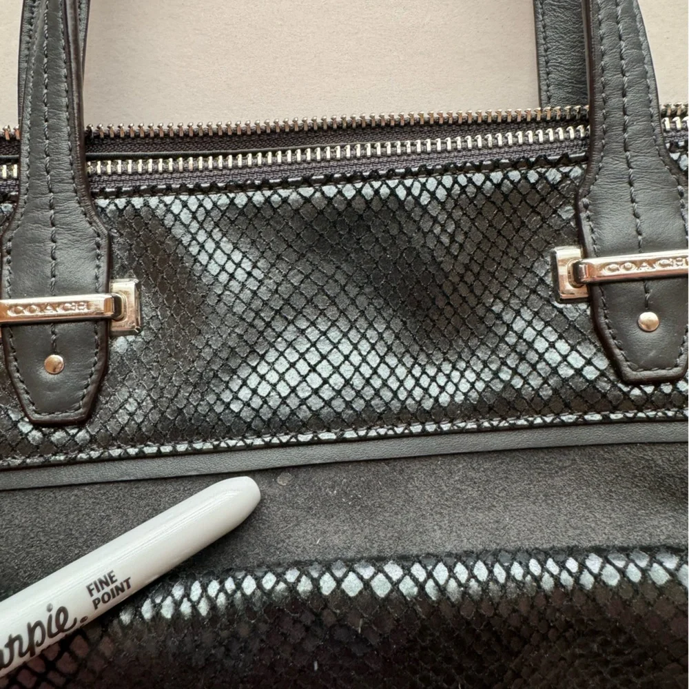 Coach Mixed‑Material Tote — Suede & Embossed Leather — Black/Grey